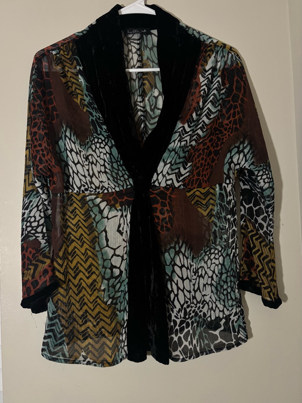 Sheer Multicolor Animal-Print Tunic with Black Velvet Trim